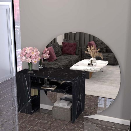 Pentru a fixa oglinda rotundă mare în spate, fixați placajul de 12 mm și lipiți oglinda cu grosimea de 3 mm. Oglinda circulară mare, cu un diametru de 163,0 cm, poate ilumina înălțimea unui adult. Rama rotundă este fabricată din laminat plastic negru rezistent la uzură.